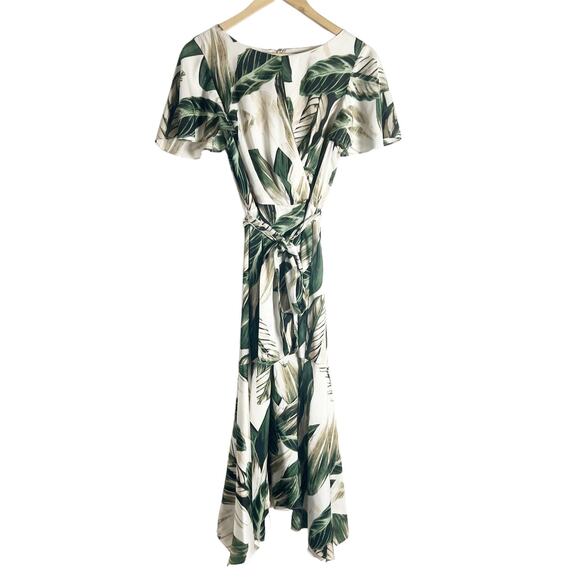 Great Jones Cream Green Tropical Leaf Print Tie Waist Midi Dress Size 8 - Picture 3 of 16